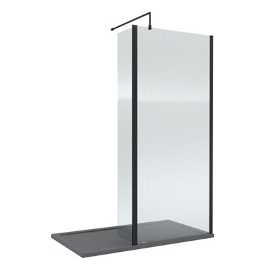 Balterley 8mm Fluted Glass Walk In Wetroom Screen And Hinged Return With Black Profile And Grey Shower Tray1400 X 800mm from B&Q