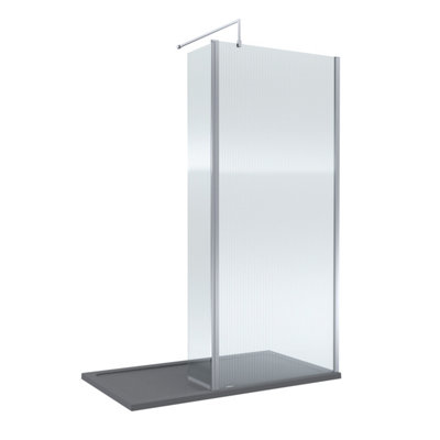 B&Q -  8mm Fluted Glass Walk In Wetroom Screen And Hinged Return With Chrome Profile And Grey Shower Tray1400 X 800mm