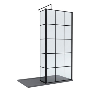 Balterley 8mm Glass Walk In Wetroom Screen And Hinged Return Black Framed Design And Grey Shower Tray1400 X 800mm from B&Q