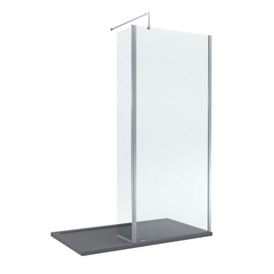 Balterley Grey 8Mm Glass Walk In Wetroom Screen And Hinged Return Screen With Chrome Profile And Shower Tray - 1400 X 700Mm