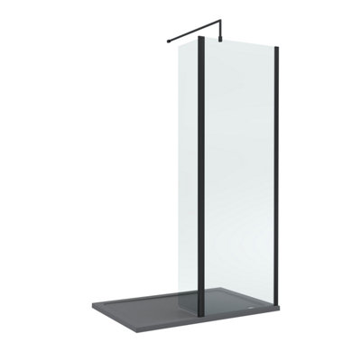 B&Q -  8mm Glass Walk In Wetroom Screen And Hinged Return Screen With Matt Black Profile And Grey Shower Tray1200 X 700mm