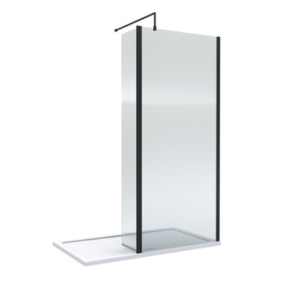 B&Q -  8mm Fluted Glass Walk In Wetroom Screen And Hinged Return With Black Profile And Shower Tray1400 X 900mm