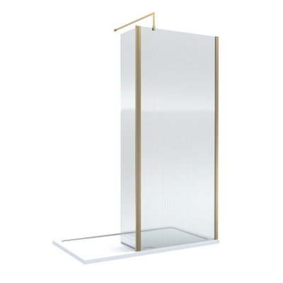 Balterley 8mm Fluted Glass Walk In Wetroom Screen And Hinged Return With Brushed Brass Profile And Shower Tray1400 X 800mm from B&Q