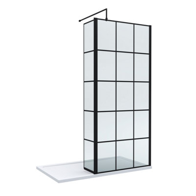 Balterley Black 8Mm Glass Walk In Wetroom Screen And Hinged Return Screen With Framed Design And Shower Tray - 1400 X 700Mm