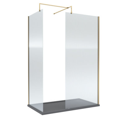 Balterley 8mm Fluted Glass Walk In Wetroom Screen With Brushed Brass Profile And Slate Grey Shower Tray1400 X 900mm from B&Q