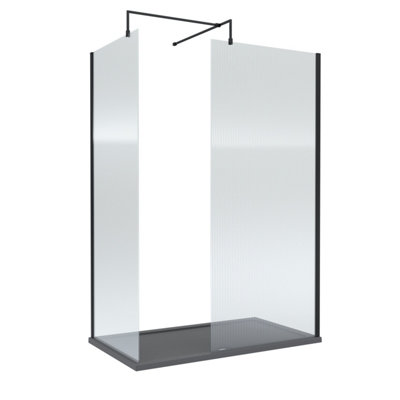 Balterley 8mm Fluted Glass Walk In Wetroom Screen With Matt Black Profile And Slate Grey Shower Tray1400 X 900mm from B&Q