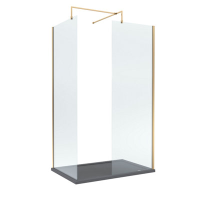 Balterley 8mm Glass Walk In Wetroom Screens With Brushed Brass Profile And Slate Grey Shower Tray1200 X 800mm from B&Q