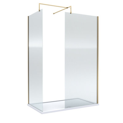 Balterley 8mm Fluted Glass Walk In Wetroom Screens With Brushed Brass Profile And White Shower Tray1400 X 900mm from B&Q