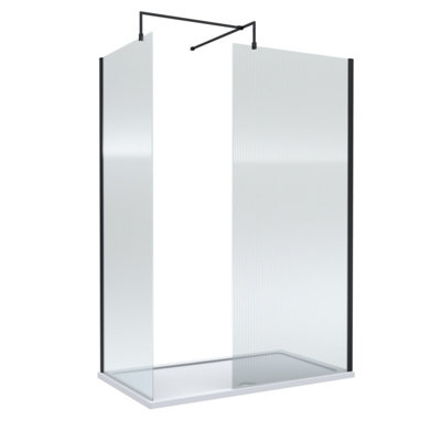 Balterley Black/White 8Mm Fluted Glass Walk In Wetroom Screens With Matt Profile And Shower Tray - 1400 X 900Mm