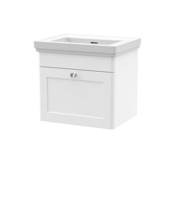 B&Q -  Classique Wall Hung 1 Drawer Vanity Unit Without Tap Hole Fireclay BasinStylish Sink Vanity Unit In Satin White