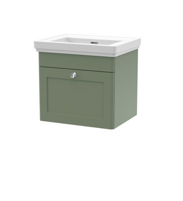B&Q -  Classique Wall Hung 1 Drawer Vanity Unit Without Tap Hole Fireclay BasinStylish Sink Vanity Unit In Satin Green With White