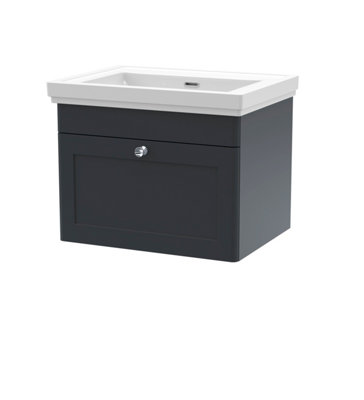 Nuie Soft Black Classique Satin Wall Hung Single Drawer Vanity Unit And 66Mm Profile Basin | | Mdf | 600Mm - Image 6