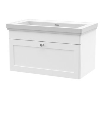 B&Q -  Classique Wall Hung 1 Drawer Vanity Unit Without Tap Hole Fireclay BasinStylish Sink Vanity Unit In Satin White With White