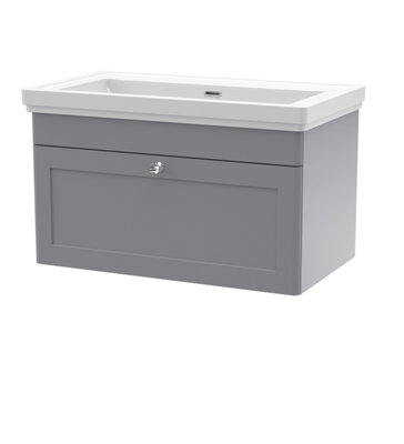 B&Q -  Classique Wall Hung 1 Drawer Vanity Unit Without Tap Hole Fireclay BasinContemporary Sink Vanity Unit In Satin Grey With