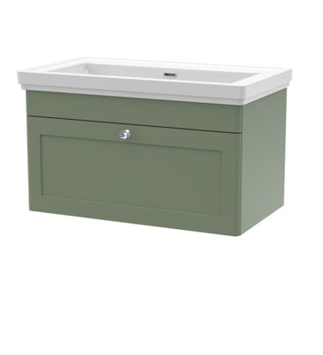 B&Q -  Classique Wall Hung 1 Drawer Vanity Unit Without Tap Hole Fireclay BasinStylish Sink Vanity Unit In Satin Green With White