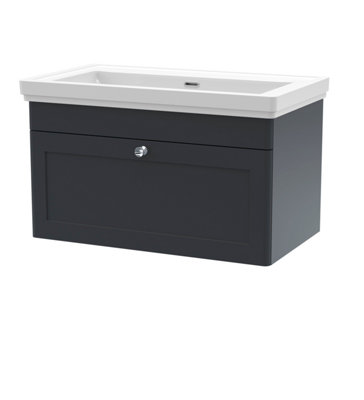 B&Q -  Classique Wall Hung 1 Drawer Vanity Unit Without Tap Hole Fireclay BasinStylish Sink Vanity Unit In Soft Black