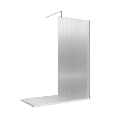 Balterley Shebdon 8mm Fluted Toughened Safety Glass Wetroom Screen With Support Bar: 1850mm X 900mmBrushed Brass from B&Q