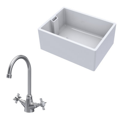 Balterley Traditional Fireclay Kitchen Bundle: 1 Bowl Belfast Sink With Mono Crosshead Handle Tap615mmBrushed Nickel from B&Q