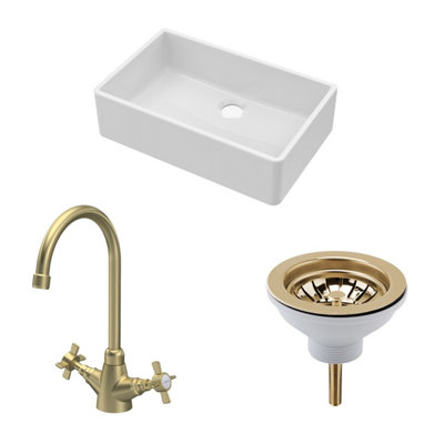 B&Q -  Traditional Fireclay Kitchen Bundle: 1 Bowl Butler SinkWaste & Mono Crosshead Tap795mmBrushed Brass