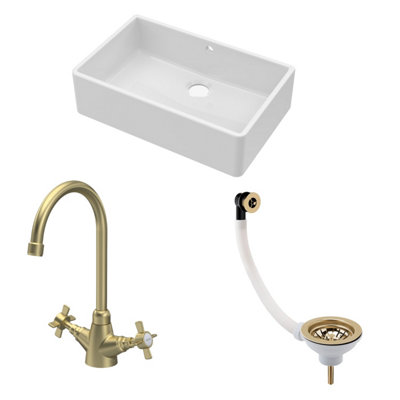 B&Q -  Traditional Fireclay Kitchen Bundle: 1 Bowl Butler Sink With OverflowWaste & Mono Crosshead Tap795mmBrushed Brass