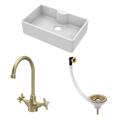 B&Q -  Traditional Fireclay Kitchen Bundle: 1 Bowl Butler Sink With Overflow & LedgeWaste & Mono Tap795mmBrushed Brass