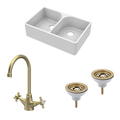 B&Q -  Traditional Fireclay Kitchen Bundle: Double Bowl Full Weir Butler Sink No Overflow With Wastes & Mono Tap795mmBrushed Brass