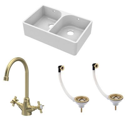 Balterley Fireclay Kitchen Bundle 2 Bowl Full Weir Butler Sink With Wastes & Mono Crosshead Tap795mmBrushed Brass from B&Q