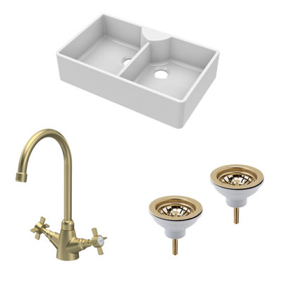 B&Q -  Traditional Fireclay Kitchen Sink Bundle: Double Bowl Butler With Wastes & Mono Crosshead Tap895mmBrushed Brass