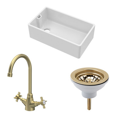 Balterley Traditional Fireclay Kitchen Bundle: 1 Bowl Belfast Sink With Strainer Waste & Mono Crosshead Tap795mmBrushed Brass