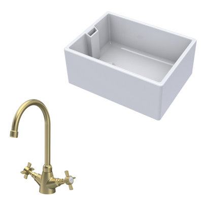Balterley Traditional Fireclay Kitchen Bundle: 1 Bowl Belfast Sink & Mono Crosshead Handle Tap615mmBrushed Brass from B&Q