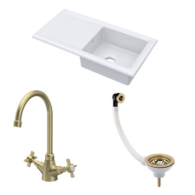 Balterley Traditional Fireclay Kitchen Bundle: 1 Bowl Sink & Drainer With Waste & Mono Crosshead Tap1010mmBrushed Brass from B&Q