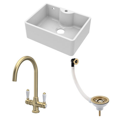 Fireclay Kitchen Bundle595mm Single Bowl Butler Sink + Overflow & Tap HoleWaste & Lever Mixer TapBrushed BrassBalterley