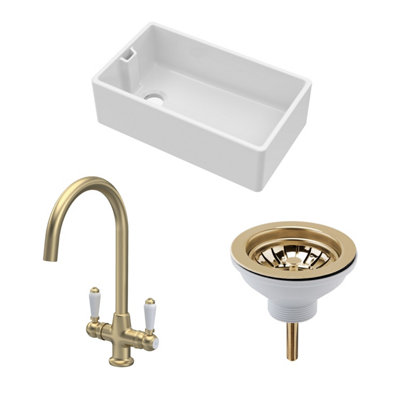 Balterley Traditional Fireclay Kitchen Bundle: 1 Bowl Belfast Sink With Strainer Waste & Mono Lever Tap795mmBrushed Brass