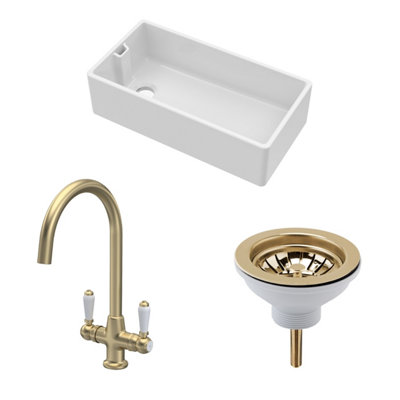 Balterley Traditional Fireclay Kitchen Bundle: 1 Bowl Belfast Sink With Strainer Waste & Mono Lever Handle Tap895mmBrushed Brass