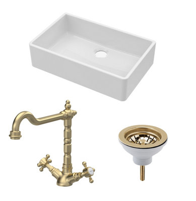 B&Q -  Traditional Fireclay Kitchen Bundle: 1 Bowl Butler SinkWaste & Classic Mono Tap795mmBrushed Brass