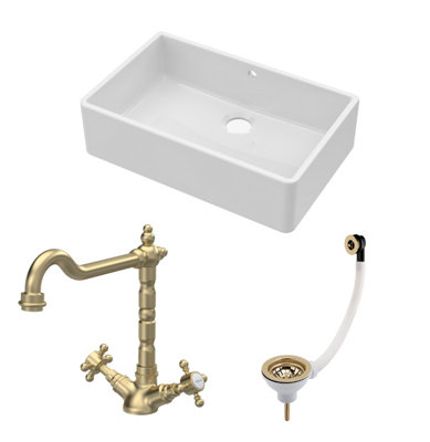 B&Q -  Traditional Fireclay Kitchen Bundle: 1 Bowl Butler Sink With OverflowWaste & Classic Mono Tap795mmBrushed Brass