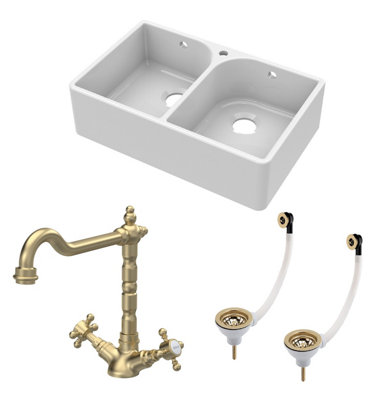 Traditional Fireclay Kitchen Bundle: 2 Bowl Full Weir 1 Tap Hole Butler Sink W/ Wastes & Classic Tap, 795Mm - Brushed Brass 5056678439876 - Image 3
