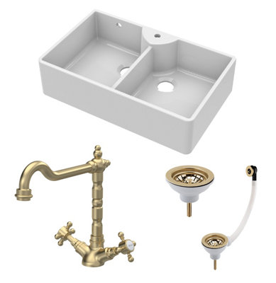 B&Q -  Traditional Fireclay Kitchen Sink Bundle: Double Bowl Butler 1 Tap HoleWastes & Classic Tap895mmBrushed Brass