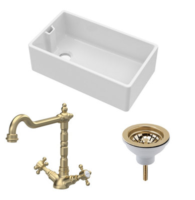 Balterley Traditional Fireclay Kitchen Bundle: 1 Bowl Belfast Sink With Strainer Waste & French Classic Tap795mmBrushed Brass