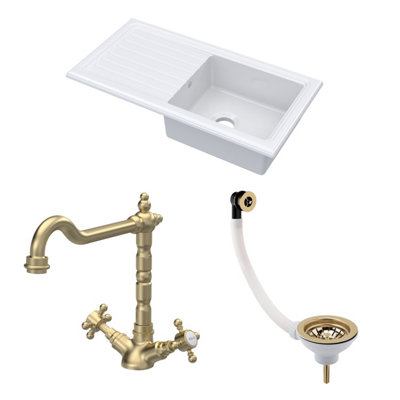 Balterley Traditional Fireclay Kitchen Bundle: 1 Bowl Sink & Drainer With Waste & French Classic Tap1010mmBrushed Brass from B&Q