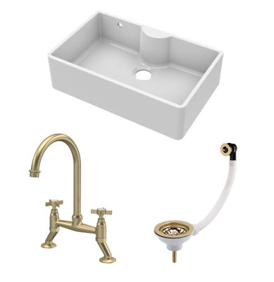 B&Q -  Traditional Fireclay Kitchen Bundle: 1 Bowl Butler Sink With Overflow & LedgeWaste & Bridge Tap795mmBrushed Brass