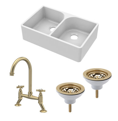 Fireclay Kitchen Bundle - 2 Bowl Full Weir Butler Sink No Overflow W/ Wastes & Bridge Tap, 795Mm - Brushed Brass 5056678440094 - Image 3