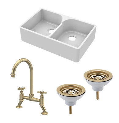 Traditional Fireclay Kitchen Bundle: 2 Bowl Stepped Weir Butler Sink, Wastes & Bridge Crosshead Tap, 795Mm - Brushed Brass 5056678440124 - Image 3