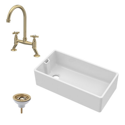 Balterley Traditional Fireclay Kitchen Bundle: 1 Bowl Belfast Sink With Strainer Waste & Bridge Crosshead Mixer Tap895mmBrushed Brass from B&Q