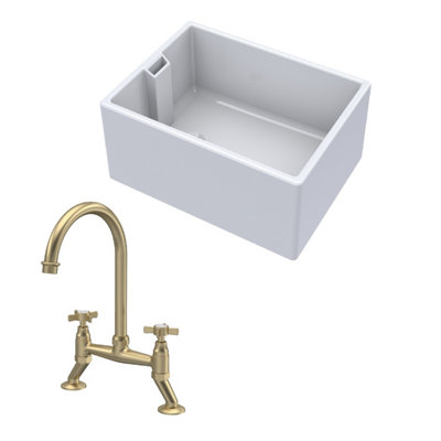 Balterley Traditional Fireclay Kitchen Bundle: 1 Bowl Belfast Sink & Bridge Crosshead Mixer Tap, 615Mm - Brushed Brass - Image 3