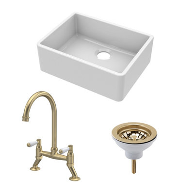 B&Q -  Fireclay Kitchen Bundle: Single Bowl Butler SinkStrainer Waste & Bridge Lever Mixer Tap595mmBrushed Brass