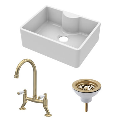 Balterley Fireclay Kitchen Bundle - Single Bowl Butler Sink With Tap Ledge, Waste & Lever Tap, 595Mm - Brushed Brass - Image 3