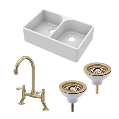 B&Q -  Fireclay Kitchen Bundle 2 Bowl Full Weir Butler Sink No Overflow With Wastes & Tap795mmBrushed Brass