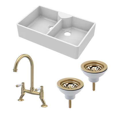 B&Q -  Traditional Fireclay Kitchen Bundle:  2 Bowl Butler Sink2 X Wastes & Bridge Lever Tap895mmBrushed Brass
