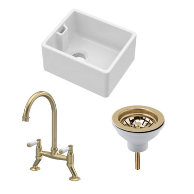 Fireclay Kitchen Bundle: Single Bowl Belfast Sink, Strainer Waste & Bridge Lever Tap, 460Mm - Brushed Brass 5056678440421 - Image 3
